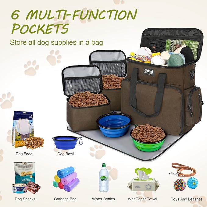 Dog Travel Bag Airline Approved–Pet Travel Tote with Collapsible Bowls,Food Containers & Feeding Mat–Multi-Pocket Organizer for Dogs & Cats, Durable & Water-Resistant for Hiking,Trips,Outdoors