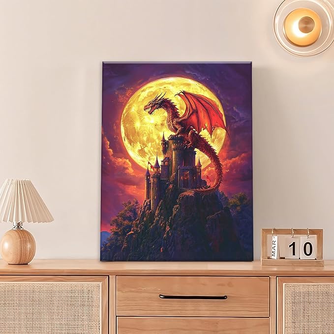 Dragon Bathroom Pictures Wall Art, Red Dragon Castle Bathroom Wall Decor, Framed Painting Canvas Artwork for Bedroom Living Room Decorations 20"L x 16"W