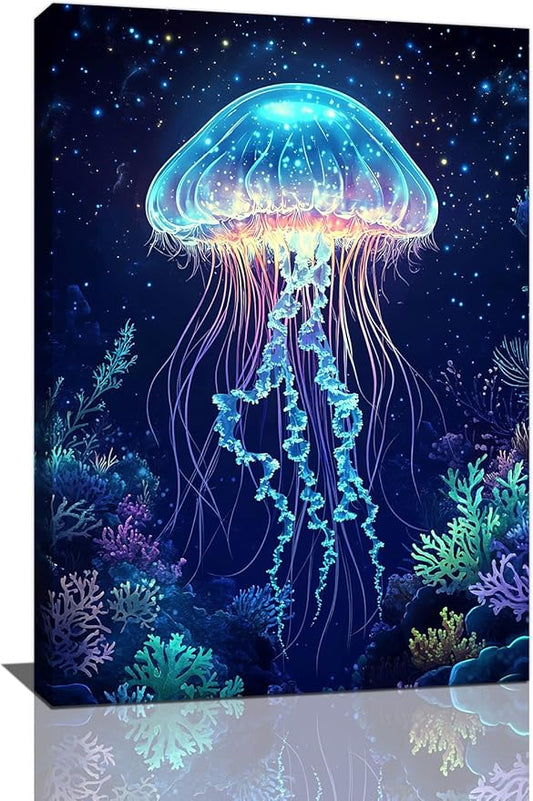 Ocean Jellyfish Wall Art Canvas Coral Fish Wall Decor Prints Framed Painting Underwater Pictures Gifts Artwork for Bathroom Living Dining 16"x24"