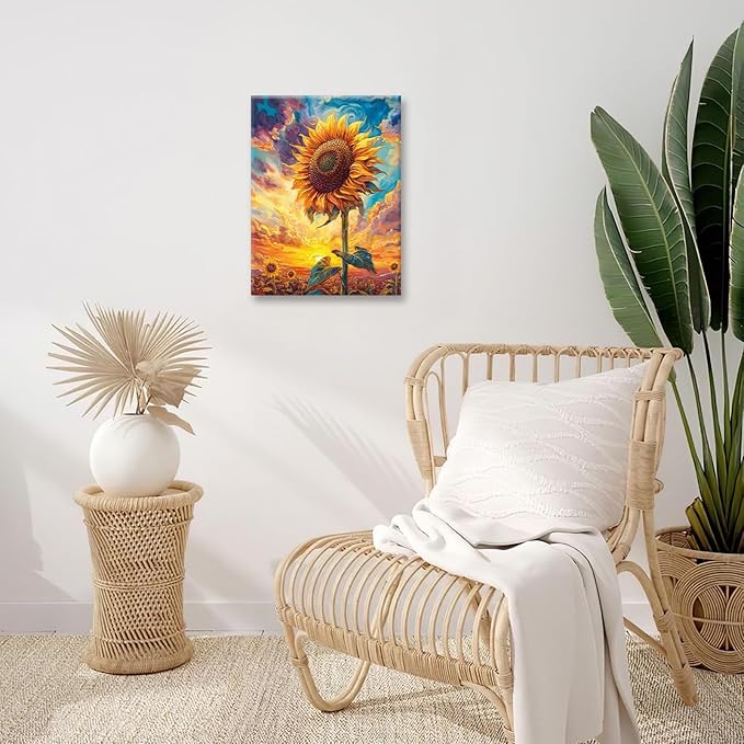 Sunflower Wall Art Canvas Yellow Floral Wall Decor Prints Framed Painting Pictures Gifts Artwork for Bathroom Bedroom Living Dining 12"x16"