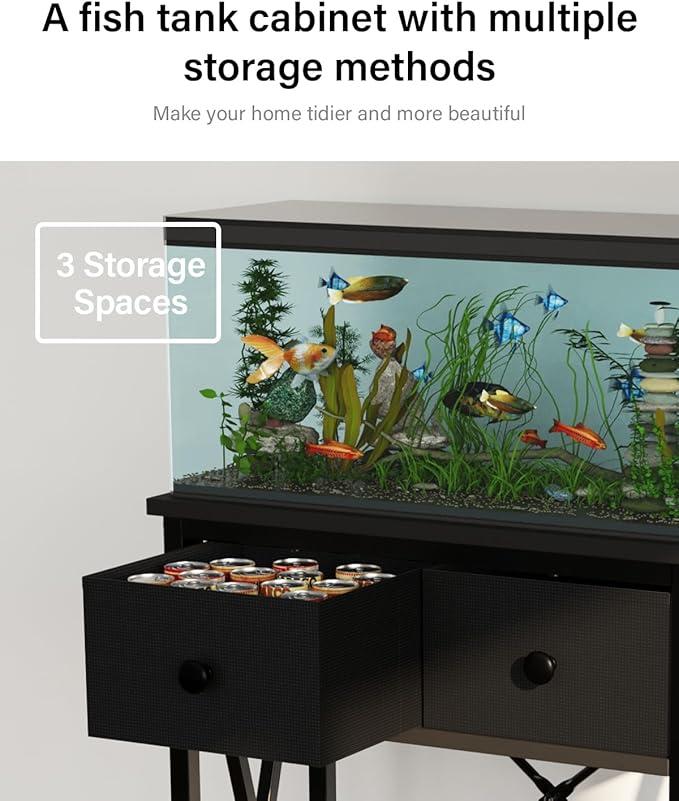 Fish Tank Stand for 5-10 Gallon Fish Tank: Aquarium Stand with Power Outlet - Metal 10 Gallon Tank Stand with Cabinet Drawer Storage for Turtle Tank, Reptile Terrarium (Black, 220LBS Capacity)