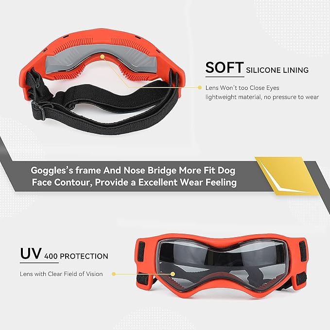 Dog Goggles Dog Sunglasses for Small Breed UV Protection Windproof with Adjustable Head Straps Chin Straps for Ride Car/Hiking Travel/On Beach-Orange