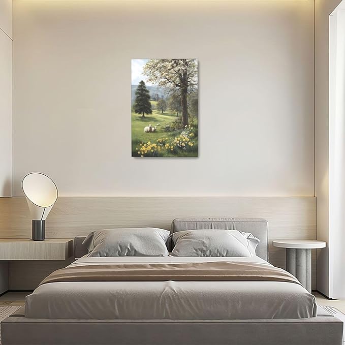 Country Sheep Canvas Wall Decor Farmhouse Rustic Lamb Wildflower Wall Art Nature Countryside Landscape Pictures Painting Print Framed Artwork Decorations for Bathroom Living Room Bedroom 16"x24"