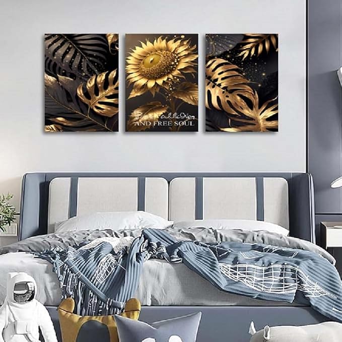 Yxbhhym Bedroom Wall Art Sunflower Canvas wall Art for living room Black and Gold Wall Décor pictures Leaf Artwork Paintings Flower Poster Prints Dining Room Office Décor Bathroom Decorations