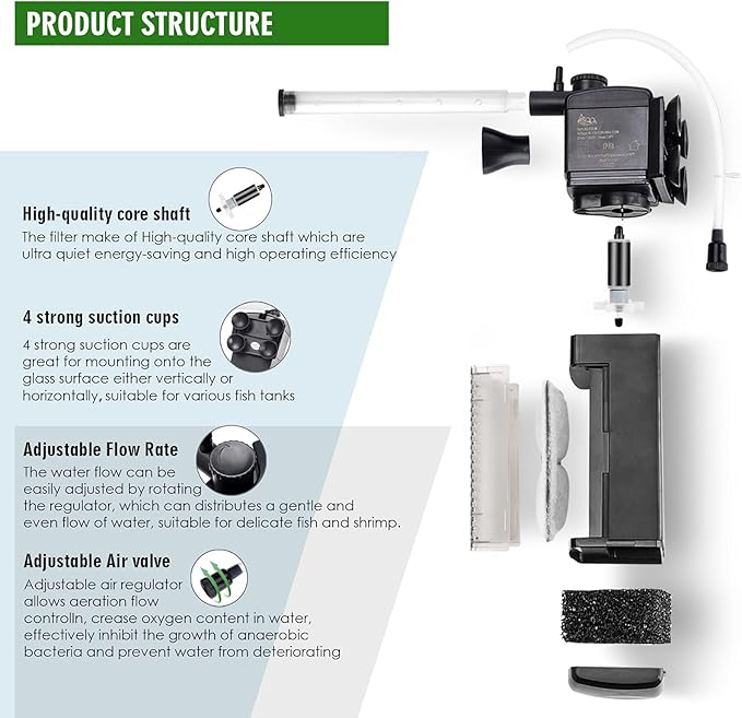AQQA Aquarium Internal Filter, Submersible Power Filter in-Tank with Adjustable Water Flow, Ultra Silent Sponge Filter for Fish Tank Water Crystal Clear