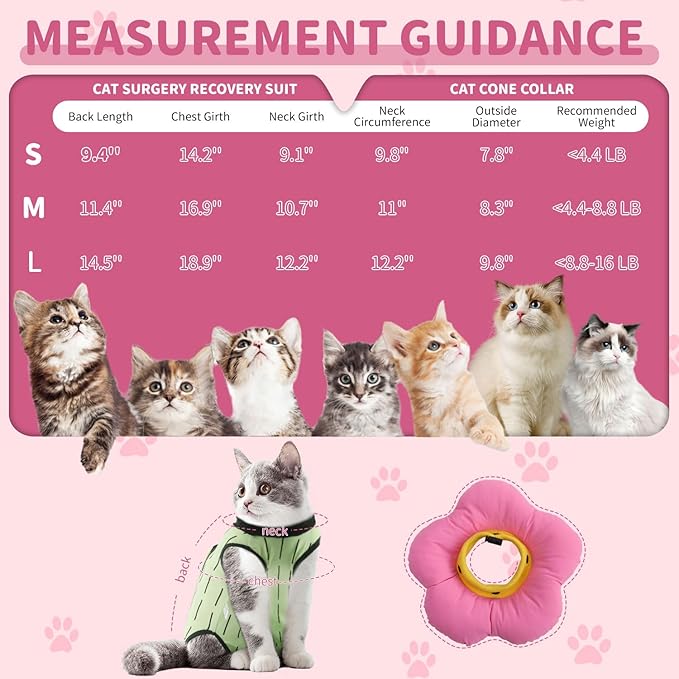 EMUST Cat Recovery Suit and Cone Collar - Cute Surgical Suit for Abdominal Wounds or Skin Diseases, Adjustable Flower Neck Collar Soft for Cats 4-8lb (Green, M)