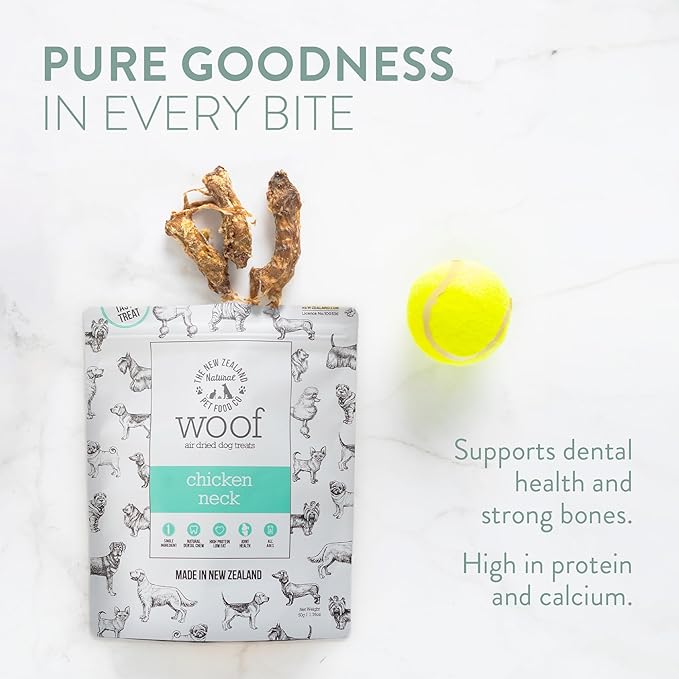 Air Dried WOOF Chicken Neck Treat - Mixer, or Topper - Air Dried, High Protein,Natural, Single Ingredient - 1.76oz