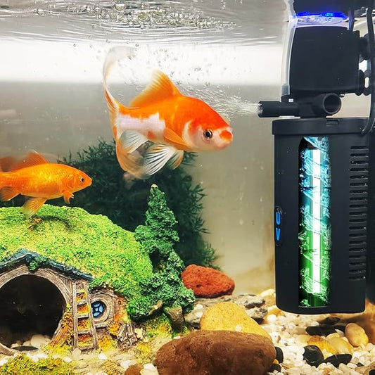 Aquarium Filter for 10-45 Gallon Tank, U-V Fish Tank Green Clean Machine Submersible Powerful Pump Canister Filter 158GPH for Pond Turtle Tank Saltwater Freshwater Crystal Clear Green Killing