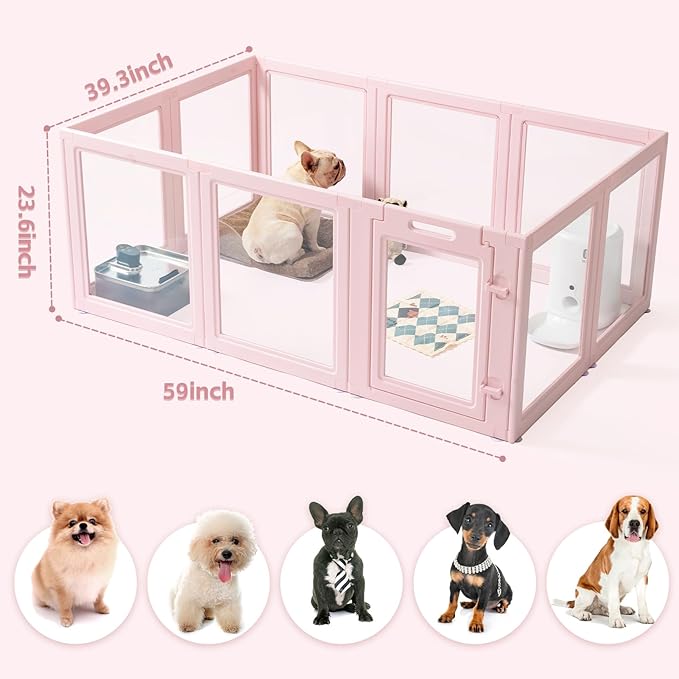 DIY Clear Acrylic Dog Playpen House,Quick Easy Assembly and Disassembly,Strong Floor Suction,Indoor and Outdoor Use,Easy Cleansing Puppy Fence (Sakura Pink, 23.6" H, 10PCS)