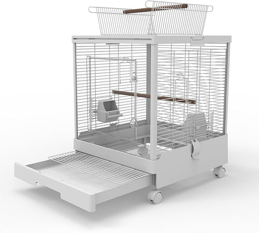 Clear View Bird Cage with Play Top, Modern Rolling Flight Cage for Parakeets, Cockatiels, Conures, Lovebirds, White Parrot Cage with 0.4" Bar Spacing, Slide-Out Tray & Accessories