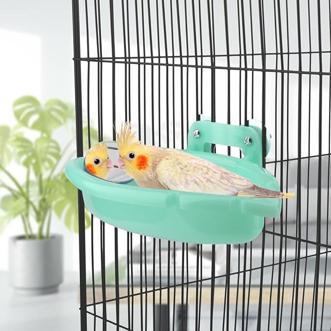 Wontee Bird Bath Box with Mirror Portable Parrot Hanging Bathroom Bathing Tub for Small Birds Cleaning Supplies (Blue(B)+Green)