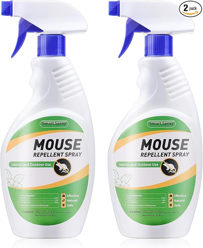 Mouse and Insect Repellent Spray 16 OZ * 2, Peppermint Oil Rodent and Insect Repellent Spray for Rodent and Mouse, Safe for Indoor, Outdoor, and Car Engines