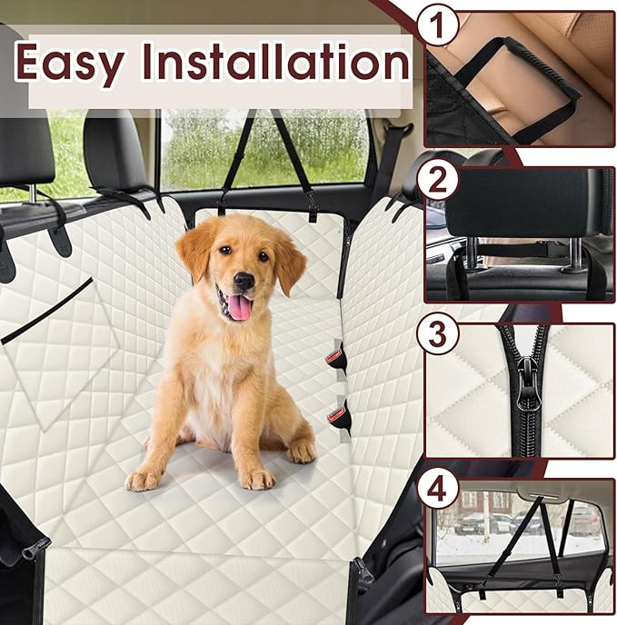 Dog Car Seat Cover, Durable Waterproof Scratch Proof Nonslip Dog Hammock, Pet Back Seat Covers with Pocket for Cars SUVs and Trucks - L, Beige/Black