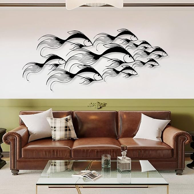 School of Fish Metal Wall Art, Metal Fish Wall Decor, Sea Life Wall Art, Large Nautical Wall Hanging, Modern Beach House Wall Decor, Ocean Themed Artwork for Bathroom (Black, 59"x25" | 150x64cm)