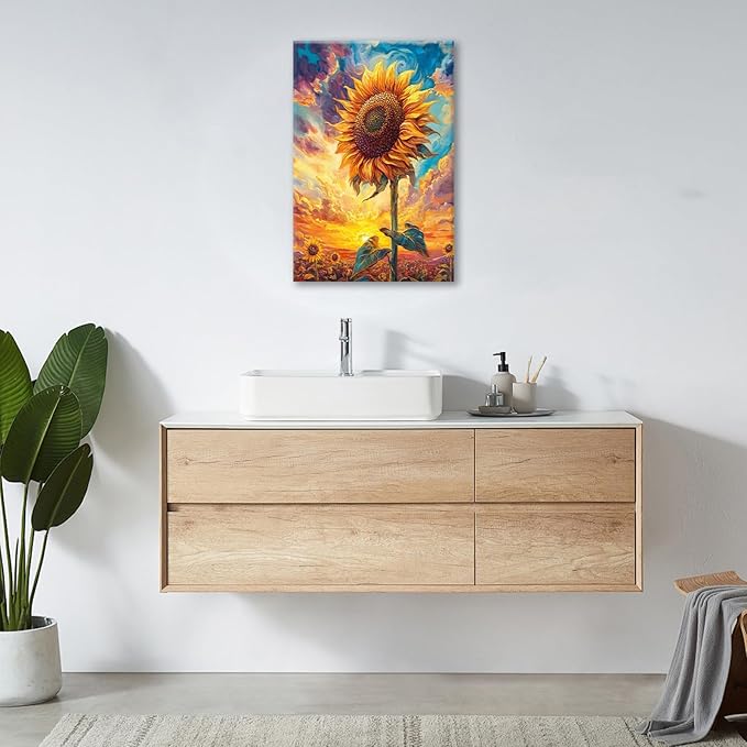 Sunflower Wall Art Canvas Yellow Floral Wall Decor Prints Framed Painting Pictures Gifts Artwork for Bathroom Bedroom Living Dining 16"x24"