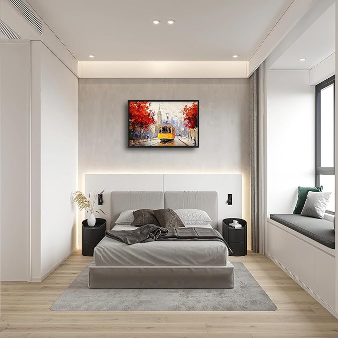 Large Cityscape Wall Art for Living Room, Framed Oversized Urban Tram Wall Decor Tree Landscape Canvas Painting Modern Artwork for Living Room Bathroom Bedroom Office Dining Room 36"x24"