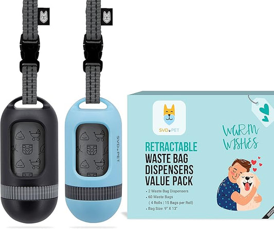 SVD.PET [2-Pack] Retractable Waste Bag Dispensers Gift Set, 2 Pet Waste Bag Holders with 60 large Waste Bags, Dog Walking Accessory Gift Value Pack (Black & Columbia Blue)