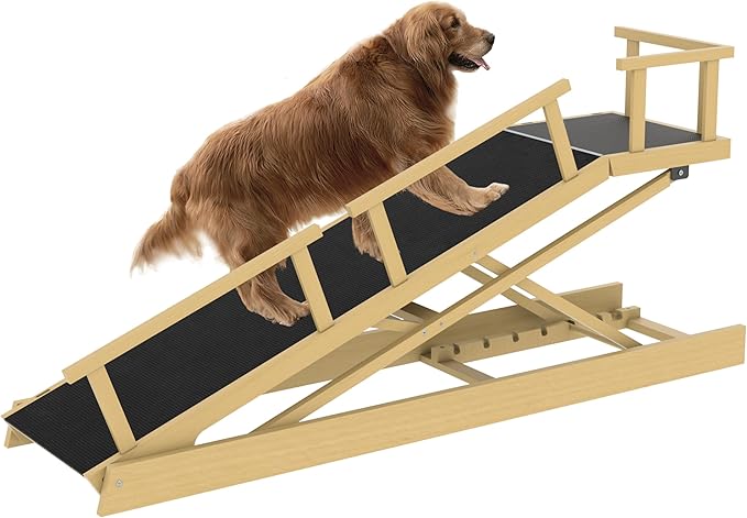 6 Level Height Adjustable Dog Ramp for Bed, Couch 65" Foldable Pet Ramp with Non-Slip Mat，DIY Glow Strips & Rest Platform Heavy Duty Dog Stairs for Large Dogs up to 200Lbs ，Wood Color