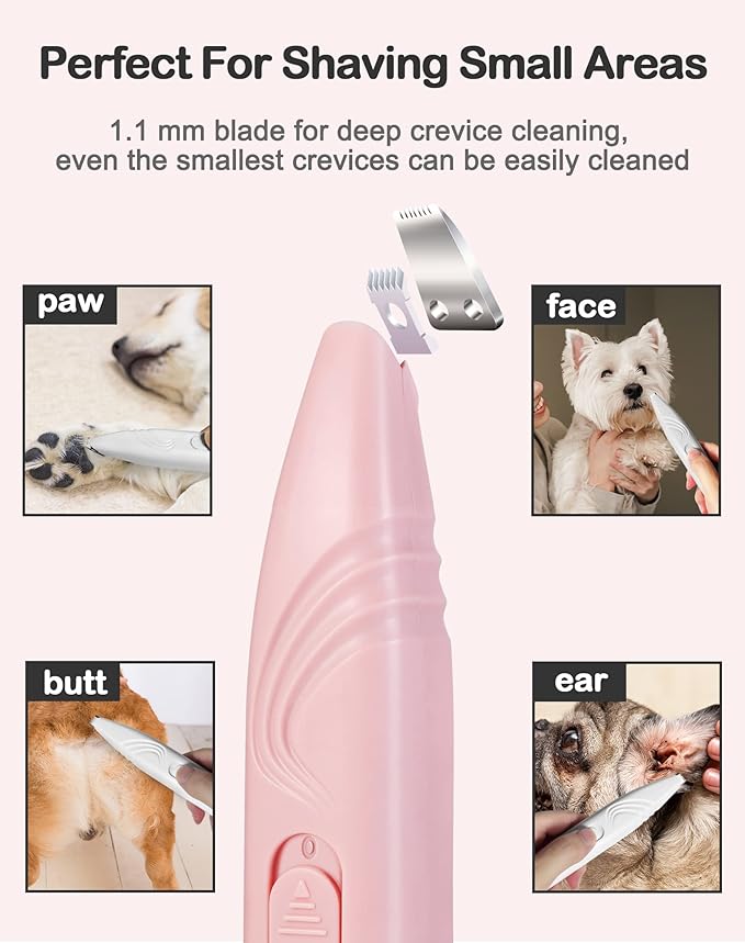 LEYOUFU Dog Paw Trimmer for Grooming, Cordless Electric Small Pet Grooming Clippers Hair Trimmer for Dogs Cats, Low Noise for Trimming Pet's Hair Around Paws, Eyes, Ears, Face, Rump (Pink)