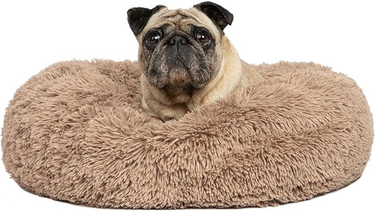 Best Pet Supplies Round Donut Dog Bed with Plush Faux Fur Fabric, Calming, Anti-Anxiety Cushion for Indoor Pets, Slip-Resistant Base, Soft Ergonomic Support - Caramel, 24x24x7''