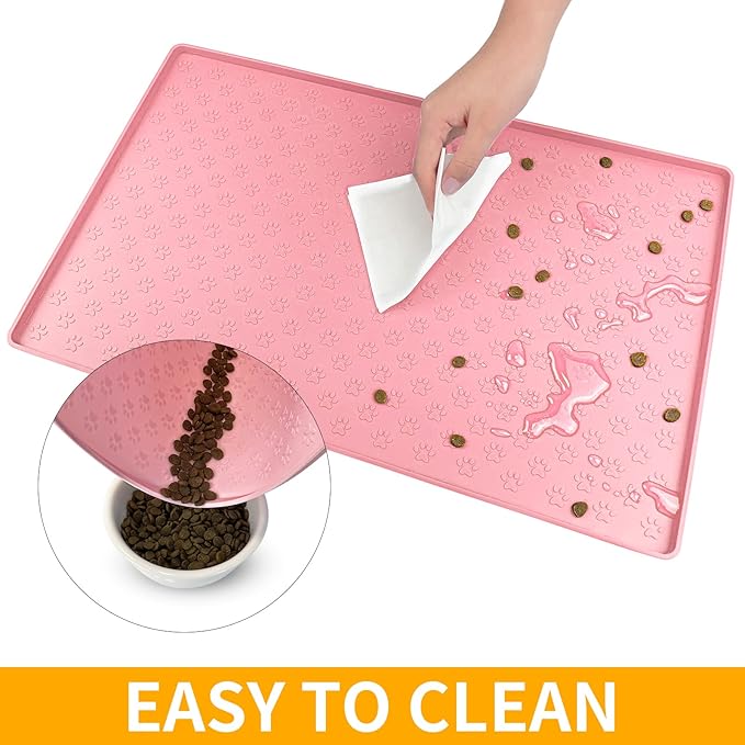 Ptlom Silicone Pet Placemat for Dog and Cat, Waterproof Anti-Slip Pet Feeding Bowl Mats for Food and Water, Small Medium Large Tray Mat Prevent Residues from Spilling to Floor, Pink, 31.5" 23.6"