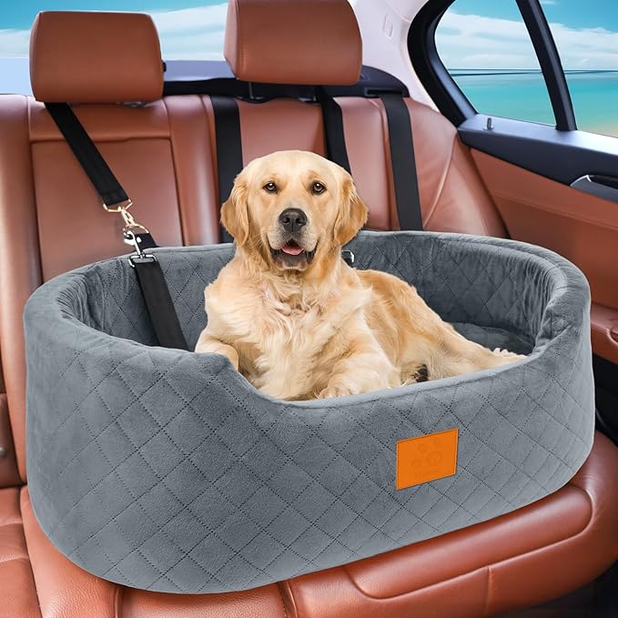Dog Car Seat for Medium & Large Dogs up to 55 lbs, Elevated Booster Seat with Anti-Slip Base, Detachable & Machine-Washable Pet Car Bed for SUV/Sedan (Gray)