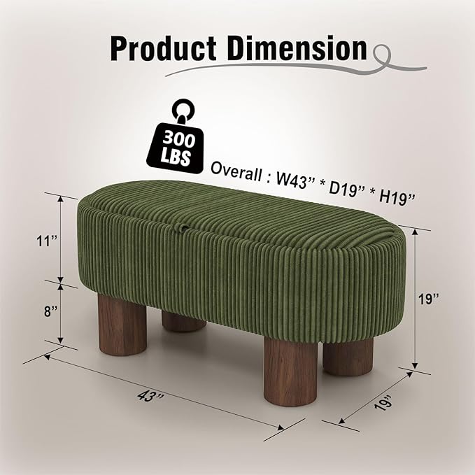 Bench with Storage 43 inch, Upholstered Corduroy Farbic Green Oval Footrest with Hidden Storage, Stool Modern Design Legs for Bedroom, Living Room, and Entryway Furniture Ottoman