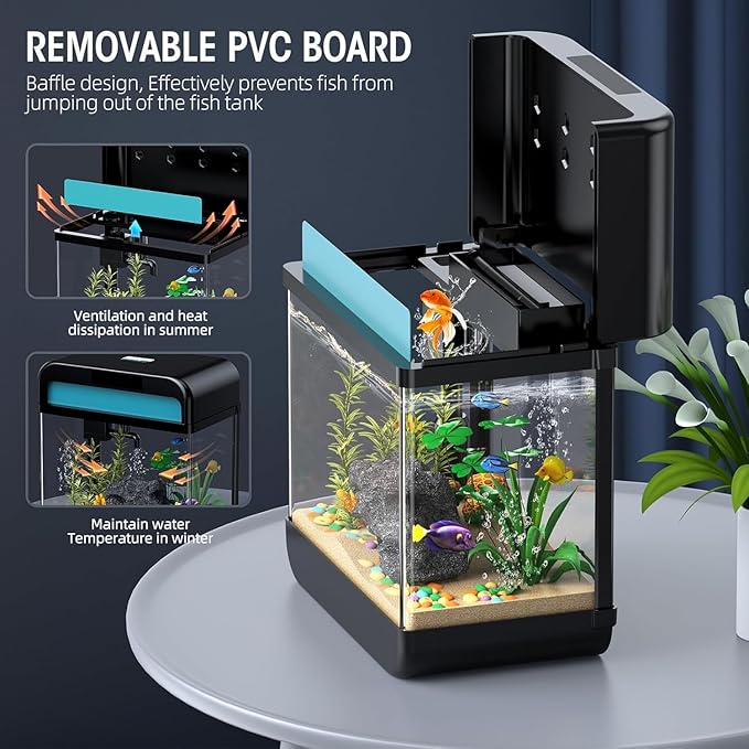 Fish Tank Aquarium 2.2 Gallon with Adjustable 3 Colors Lighting 3 in 1 Pump with Filteration, Oxygenation, Water Circulation Triple Function, HD Float Glass, Leak-Proof Thickened Base