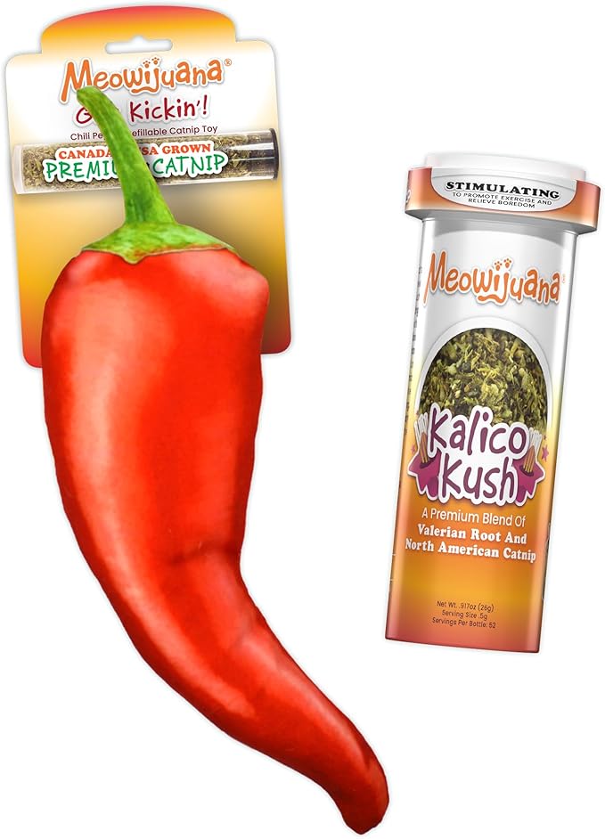 Meowijuana Pepper Bundle | Get Kickin' Refillable Chili Pepper Toy and Kalico Kush Catnip Blend | Promotes Play and Cat Health | Includes North American Organic Catnip