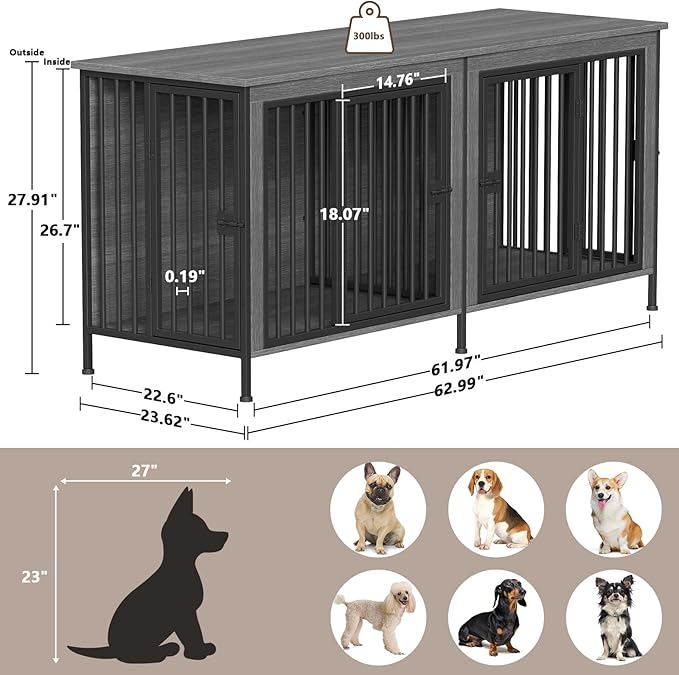 EasyCom 63" Dog Cage Furniture for 2 Pets with Divider, XL Wooden Double Dog Crate Furniture TV Stand for Mideum Breed, Durable and Sturdy