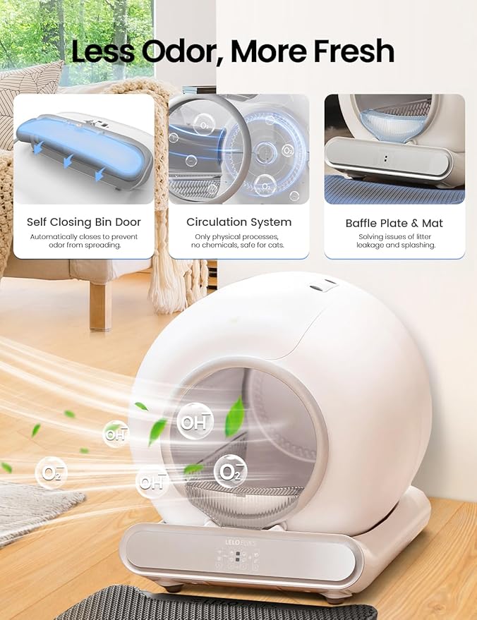 Self Cleaning Cat Litter Box, Ultra-Safe Protection Automatic Cat Litter Box, APP Control/Lower Entry/Large Capacity with 3 Rolls Liners & Mat LELOPETS