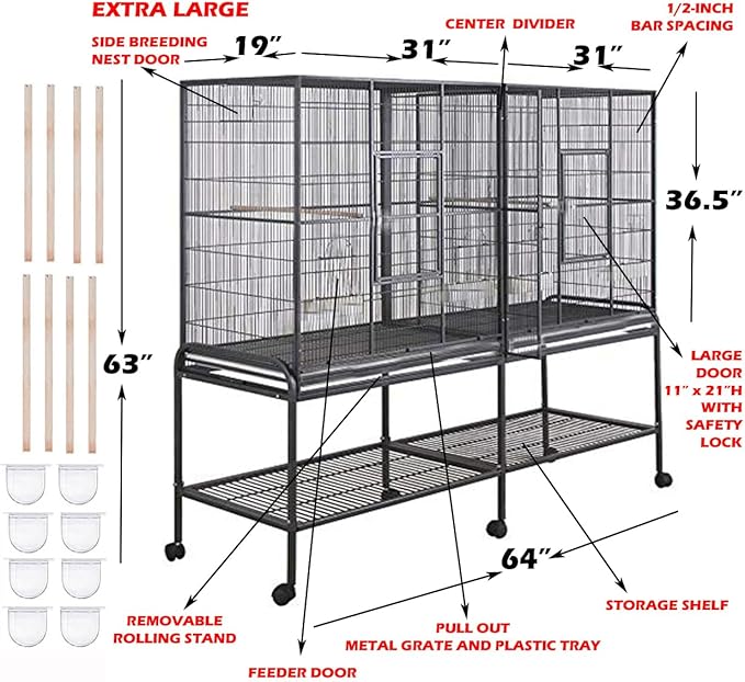 64" Extra Large Double Flight Bird Wrought Iron Double Cage Slide Out Center Divider Side Nesting Box Door Parrot Cage Cockatiel Conure with Removable Rolling Stand Storage Shelf