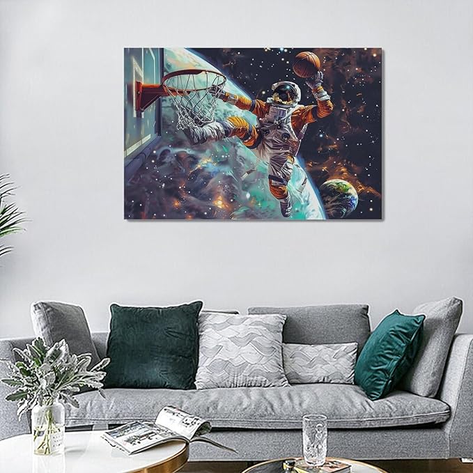 Quorin Astronaut Wall Art Funny Spaceman Basketball Pictures Space Galaxy Planet Wall Decor Canvas Print Painting Artwork for Bathroom Living Room Bedroom 16"x24"