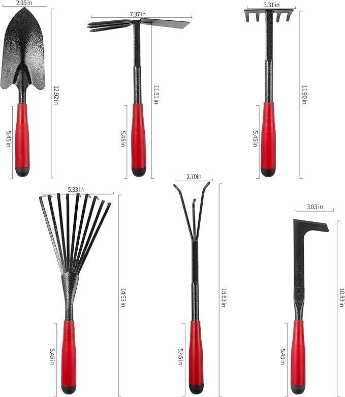 Set of 7 Gardening Tool Set, Rust-Resistant Handy Tools for Gardening, Ideal Gardening Gift Set, Including Trowel, Weeder, Hoes, and Rakes (Red)