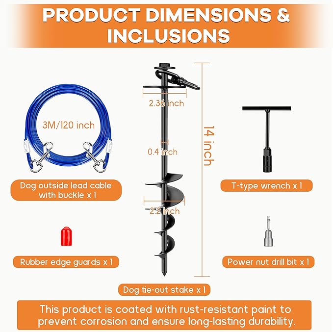 Dog Tie Out Stake, Heavy Duty 360°Swivel Dog Outside Lead Cable, Screw in Spike Auger Ground Stake Anchors with Power Nut Drill Bit, T Wrench and Leash, for Yard Camping Beach