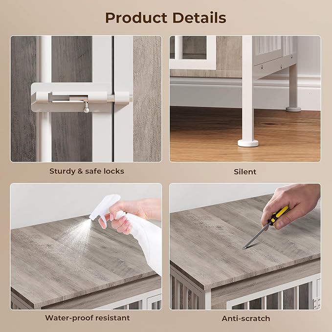 63 Inch Dog Cage Furniture for 2 Large/Medium Dogs with Removable Divider, Extra Large Double Doors Dog Kennel, XXL Thick Wooden Dog cage Furniture, Durable and Sturdy, Beige