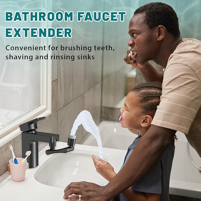 CECEFIN 1440° Rotating-Faucet-Extender Sink Aerator - 1080°+360° Large-Angle Splash Tap Extension with 2 Water Outlet, Swivel Multifunctional Robotic Arm for Kitchen/Bathroom, Black