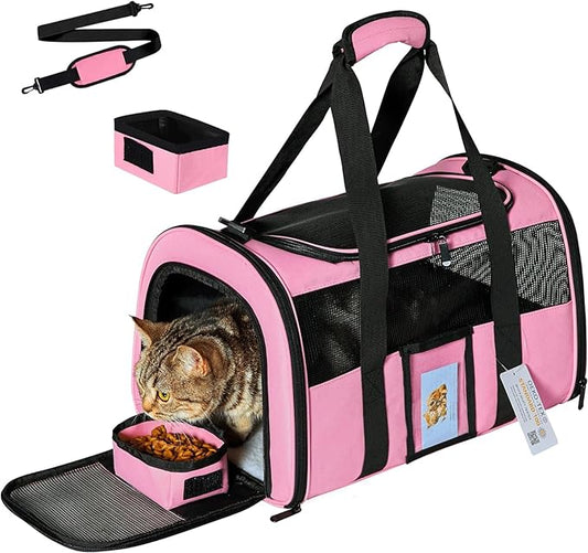 Cat Carriers Soft Side Carrier for Kitten Puppy Collapsible Travel Pet Carrier TSA Airline Approved Cat Carrier Bag for Under 15 lbs Pets, Pink