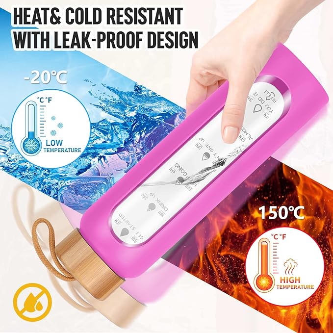 Aqulea Glass Water Bottles 32 Oz with Silicone Sleeve - BPA Free Reusable Wide Mouth Glass Motivational Water Bottles with Fruit Infuser – Leak Proof Borosilicate Water Bottle with Time Marker (Rose)