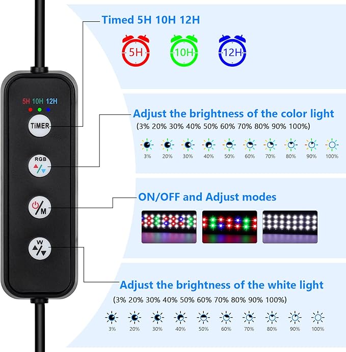 AQQA Full Spectrum Aquarium Light,Fish Tank Lights for Plant Growth Fish Viewing,3 Mode White Blue Red Green LED Beads,Timer,Adjustable Brightness,Extendable Brackets for Freshwater 18W for 18-24inch