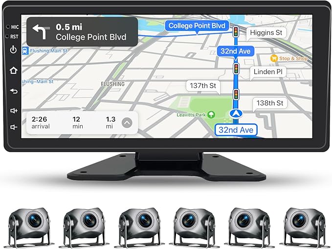 6 Channel Backup Camera System,1080P Rearview Camera with Carplay & Android Auto,GPS Navigation, Touchable 11 inch Monitor & Loop Recording DVR car Stereo, for RV/Truck/Trailer Pickup,128GB Card