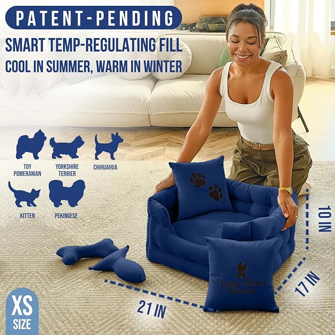 Luxury Dog Bed Chesterfield – Handcrafted Velvet Throne for Dogs | Joint Support, Calming & Temp-Regulating Comfort | Durable 5+ Years, Anti-Claw, Washable 100+ Times – XS, Blue