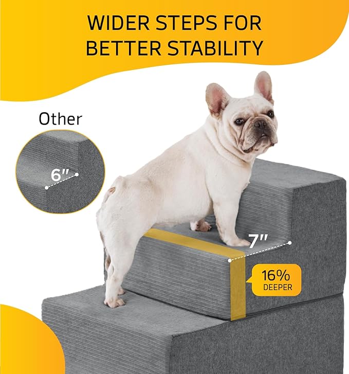 Dog Stairs for Bed, Dog Steps for Bed Couch Sofa, 35D Foam Pet Steps for Small Dogs and Cats, Extra Wide Pet Stairs with Non-Slip Bottom Grey, 3 Steps