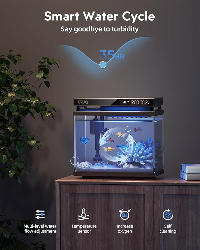 Fish Tank Smart Aquarium Kit: 2 Gallon UHD Glass Silent Water Pump Self Cleaning Multi-layer Filtration System - Temperature Sensing 7-color Lighting for Small Fish Betta Kids Room Desktop Decor Black