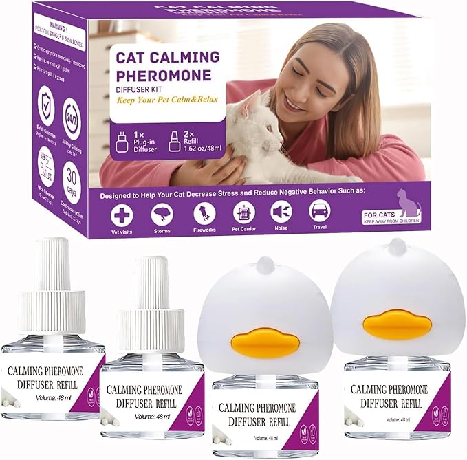Cat Calming Diffuser, Cat Pheromones Calming Diffuser, Pheromone Dffuser to Calm Cats, Cat Calming Diffuser with 2 Diffuser + 4 Refill,120 Days for Cats Relief Stress Anxiety (Purple)