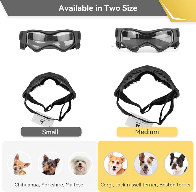 Dog Goggles Dog Sunglasses for Medium Breed UV Protection Windproof with Adjustable Head Straps Chin Straps for Ride Car/Hiking Travel/On Beach-Black