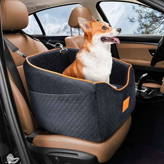 Dog Car Seat for Small Dogs, Memory Foam Booster Dog Seat for Dogs up to 35 lbs, Elevated Pet Car Seat with Washable Removable Cover, Storage Pockets (Black)