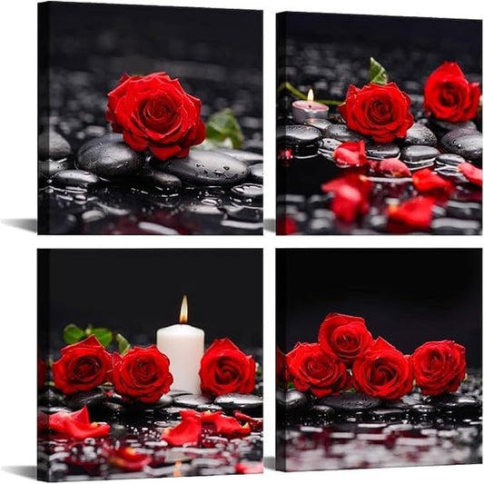 Yxbhhym-Zen Bathroom Wall Art Rose Picture Black and Red Wall Decor Flower Canvas Prints Meditation Poster Framed Wall Art for Living Room Bedroom Accessories Room Décor Spa Stone Decorations