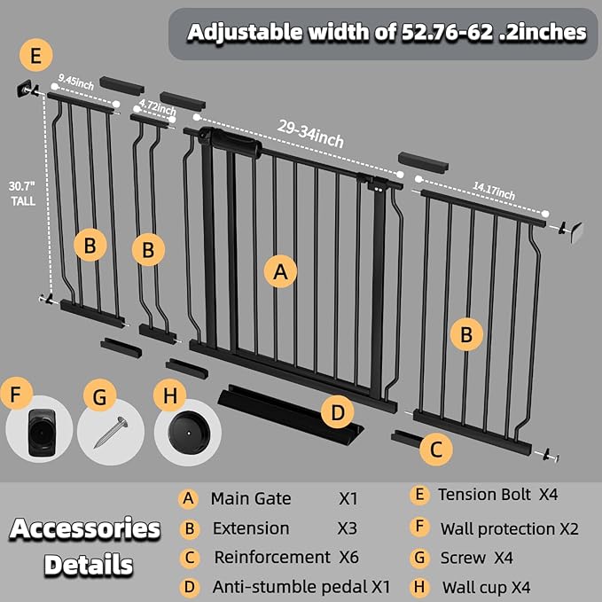 TSAYAWA Walk Through Baby Gate with Door, 52.76~62.2 Inch Wide Presure Mounted No Drill Metal Auto Close Child Gate for Stair Doorway - Indoor Outdoor Safty Gate for Toddler Dog Doggie, Black