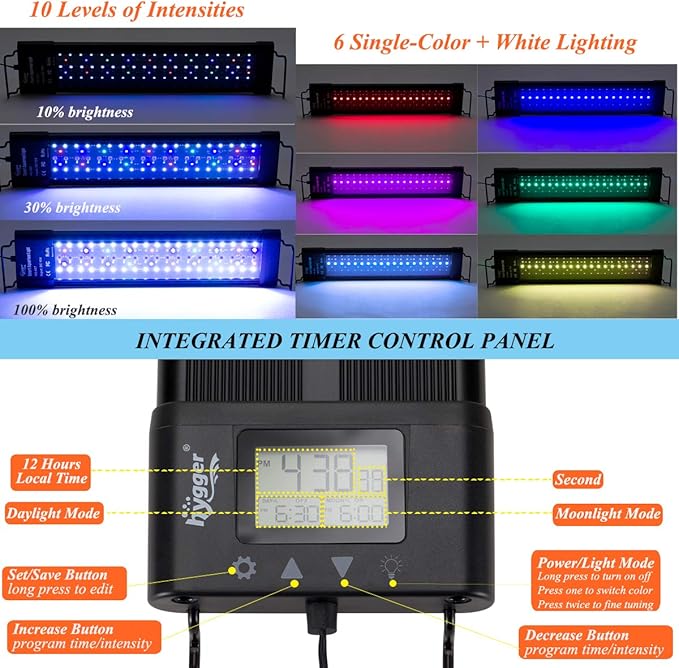hygger Auto On Off 36-42 Inch LED Aquarium Light Extendable Dimable 7 Colors Full Spectrum Light for Freshwater Planted Tank Build in Timer Sunrise Sunset